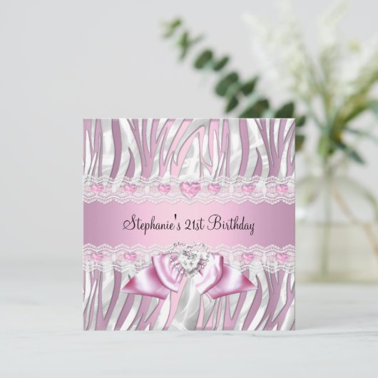 21歳の誕生日パーティーピンクホワイトゼブラダイヤモンド 招待状 (スタンド正面)