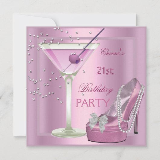 21歳の誕生日パーティーピンクマルチニハイヒールシューズ 招待状 (正面)