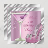 21歳の誕生日パーティーピンクマルチニハイヒールシューズ 招待状 (正面/裏面)