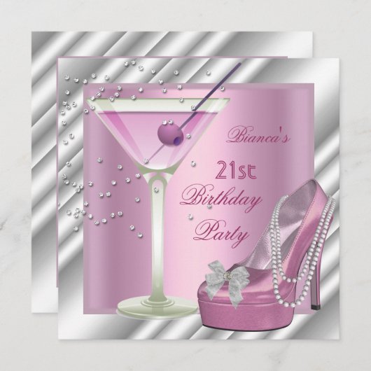 21歳の誕生日パーティーピンクマルチニハイヒールシューズ 招待状 (正面/裏面)