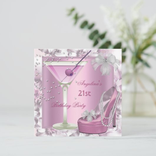 21歳の誕生日パーティーピンクマルティーニハイヒールフローラ 招待状 (スタンド正面)