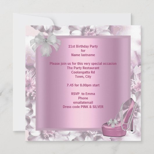 21歳の誕生日パーティーピンクマルティーニハイヒールフローラ 招待状 (裏面)
