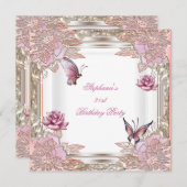 21歳の誕生日パーティーピンクローズホワイトバタフライ 招待状 (正面/裏面)