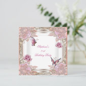 21歳の誕生日パーティーピンクローズホワイトバタフライ 招待状 (スタンド正面)