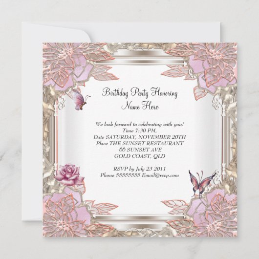 21歳の誕生日パーティーピンクローズホワイトバタフライ 招待状 (裏面)