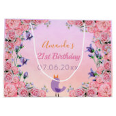 21歳の誕生日パーティーピンク紫のフローラかわいい鳥 ラージペーパーバッグ (裏面)