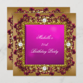 21歳の誕生日パーティーピンク金ゴールドダイヤモンドジュエル3 招待状 (正面/裏面)