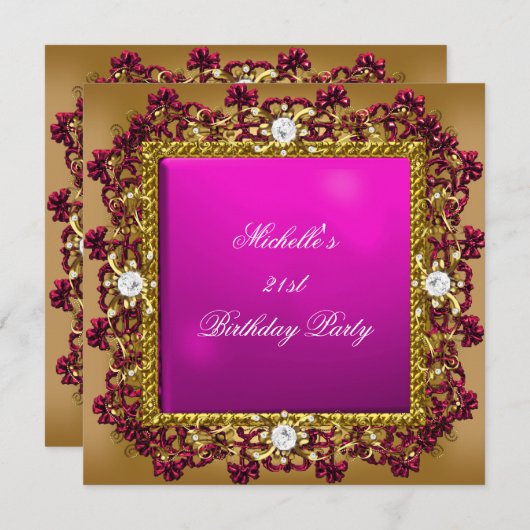 21歳の誕生日パーティーピンク金ゴールドダイヤモンドジュエル3 招待状 (正面/裏面)