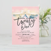 21歳の誕生日パーティーピンク金ゴールドリボン花 招待状 (スタンド正面)