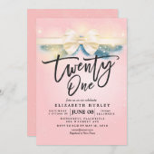 21歳の誕生日パーティーピンク金ゴールドリボン花 招待状 (正面/裏面)