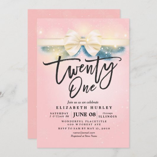 21歳の誕生日パーティーピンク金ゴールドリボン花 招待状 (正面/裏面)