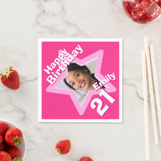 21歳の誕生日パーティーフォトスター熱いピンクのナプキン スタンダードカクテルナプキン (インサイチュ)