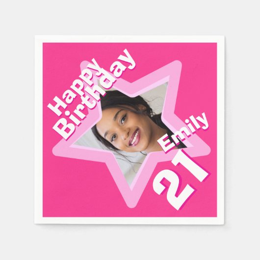 21歳の誕生日パーティーフォトスター熱いピンクのナプキン スタンダードカクテルナプキン (正面)