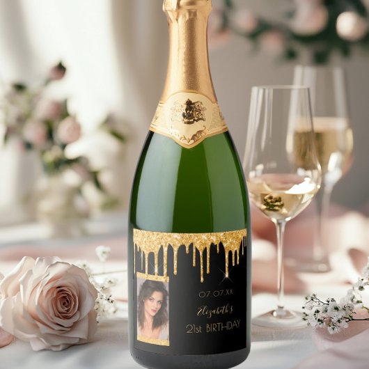 21歳の誕生日パーティーフォトブラック金ゴールドグリッターglam スパークリングワインラベル
