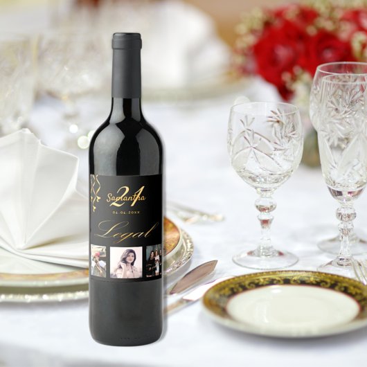 21歳の誕生日パーティーフォトブラック金ゴールド応援シック ワインラベル