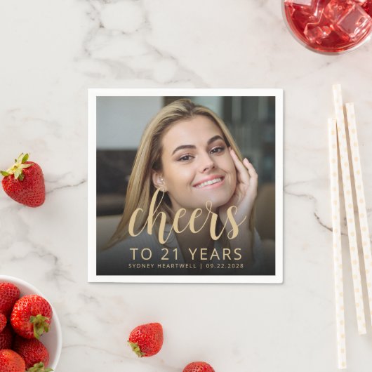 21歳の誕生日パーティーフォト金ゴールドスクリプト応援 スタンダードカクテルナプキン (インサイチュ)