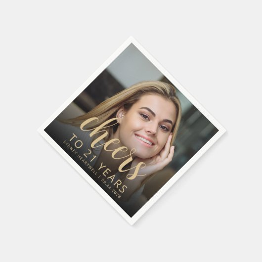 21歳の誕生日パーティーフォト金ゴールドスクリプト応援 スタンダードカクテルナプキン (角)