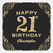 21歳の誕生日パーティーブラックと金ゴールドグリッターフレーム スクエアシール (正面)
