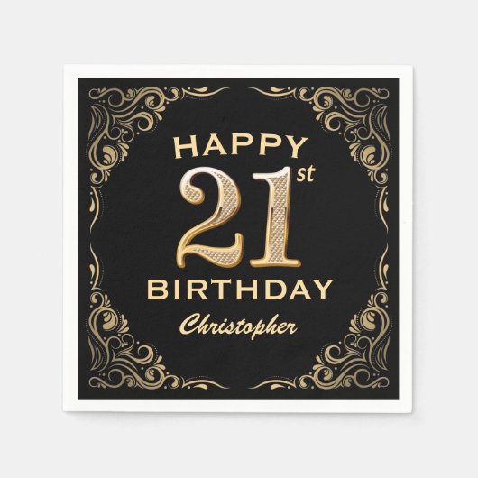 21歳の誕生日パーティーブラックと金ゴールドグリッターフレーム スタンダードカクテルナプキン (正面)