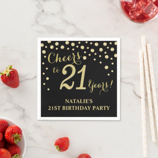 21歳の誕生日パーティーブラックと金ゴールドダイヤモンドナプキン スタンダードカクテルナプキン (インサイチュ)