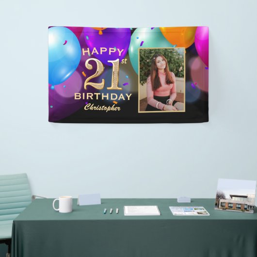 21歳の誕生日パーティーブラックと金ゴールドバルーン写真 横断幕 (トレードショー)