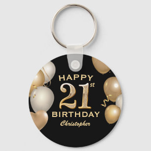 21歳の誕生日パーティーブラックと金ゴールドバルーン キーホルダー
