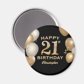 21歳の誕生日パーティーブラックと金ゴールドバルーン マグネット (正面/裏面)