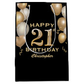 21歳の誕生日パーティーブラックと金ゴールドバルーン ミディアムペーパーバッグ (正面)