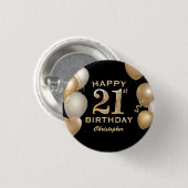 21歳の誕生日パーティーブラックと金ゴールドバルーン 缶バッジ (正面&裏面)