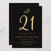 21歳の誕生日パーティーブラックと金ゴールド 招待状 (正面/裏面)