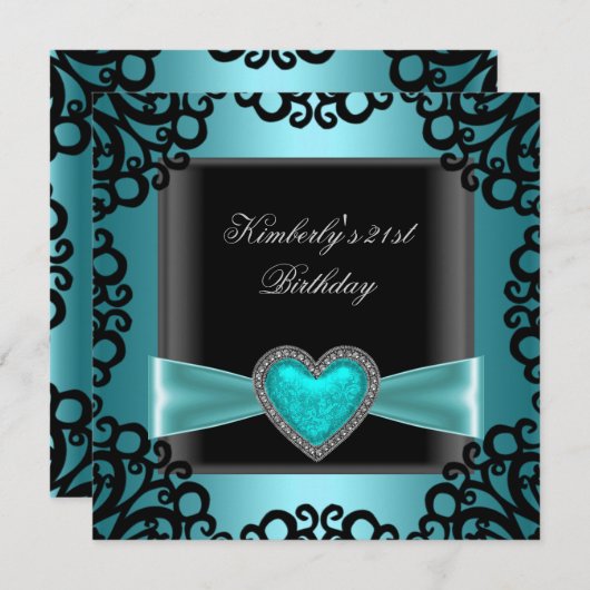 21歳の誕生日パーティーブラックシルバーティール（緑がかった色）ブルーハート 招待状 (正面/裏面)