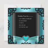 21歳の誕生日パーティーブラックシルバーティール(緑がかった色)ブルーハート 招待状 (裏面)