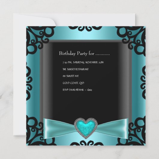 21歳の誕生日パーティーブラックシルバーティール（緑がかった色）ブルーハート 招待状 (裏面)
