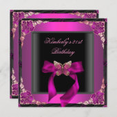 21歳の誕生日パーティーブラックシルバーピンクバタフライ 招待状 (正面/裏面)