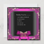 21歳の誕生日パーティーブラックシルバーピンクバタフライ 招待状 (裏面)