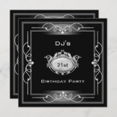 21歳の誕生日パーティーブラックシルバーホワイトアールデコ 招待状 (正面/裏面)