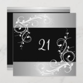 21歳の誕生日パーティーブラックシルバーホワイトフローラ 招待状 (正面/裏面)