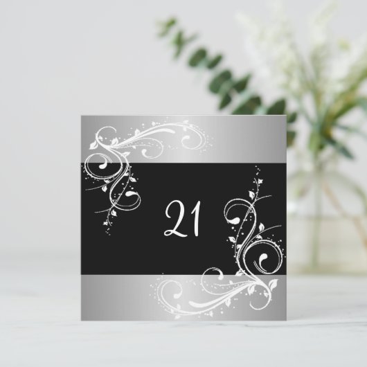 21歳の誕生日パーティーブラックシルバーホワイトフローラ 招待状 (スタンド正面)