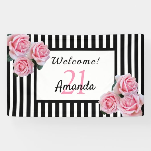 21歳の誕生日パーティーブラックストライプフローラ名 横断幕 (横)