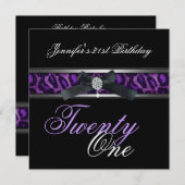 21歳の誕生日パーティーブラックパープルシルバー 招待状 (正面/裏面)