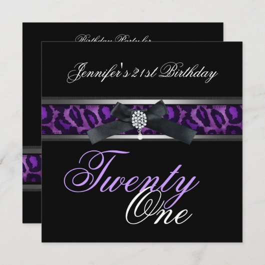 21歳の誕生日パーティーブラックパープルシルバー 招待状 (正面/裏面)