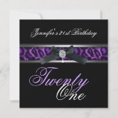 21歳の誕生日パーティーブラックパープルシルバー 招待状 (正面)