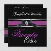 21歳の誕生日パーティーブラックパープルピンクシルバー 招待状 (正面/裏面)