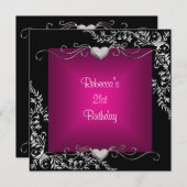 21歳の誕生日パーティーブラックブライト深いピンクシルバー 招待状 (正面/裏面)