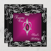 21歳の誕生日パーティーブラックブライト深いピンク4a 招待状 (正面/裏面)