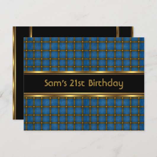 21歳の誕生日パーティーブラックブルー金ゴールドマン 招待状 (正面/裏面)