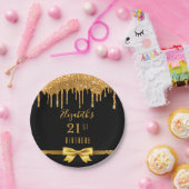 21歳の誕生日パーティーブラック金ゴールドグリッタードリップ名 ペーパープレート (パーティー)