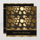 21歳の誕生日パーティーブラック金ゴールドジュエル華美マン 招待状 (正面/裏面)