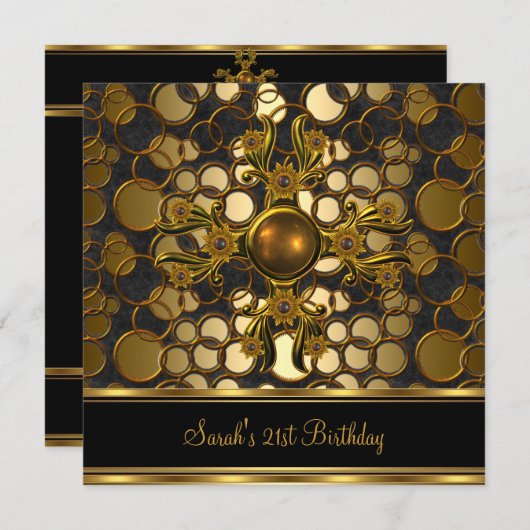 21歳の誕生日パーティーブラック金ゴールドジュエル 招待状 (正面/裏面)