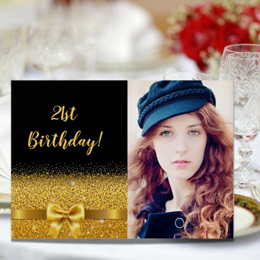 21歳の誕生日パーティーブラック金ゴールドフォトグラム 招待状